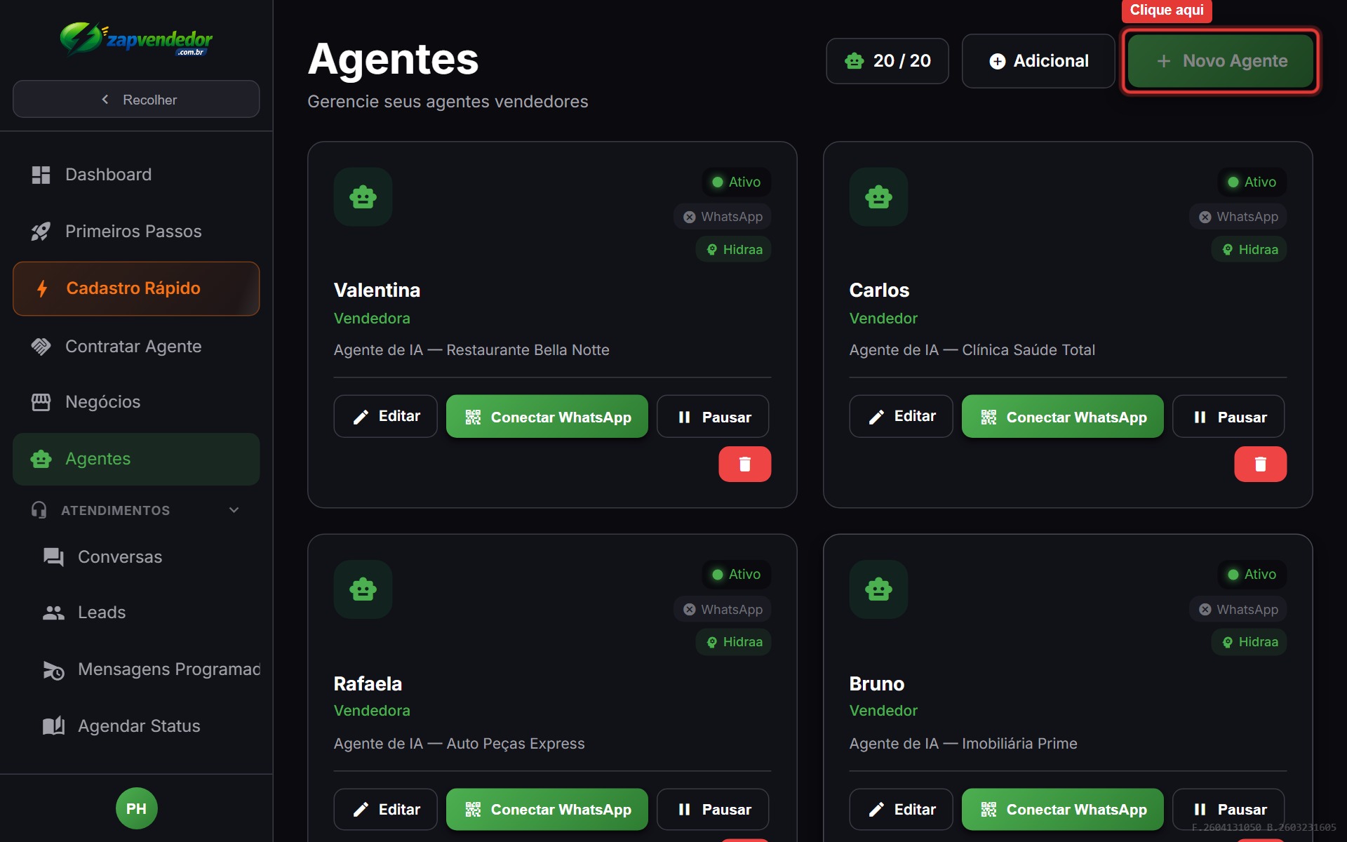 Lista de agentes — criar agente de vendas