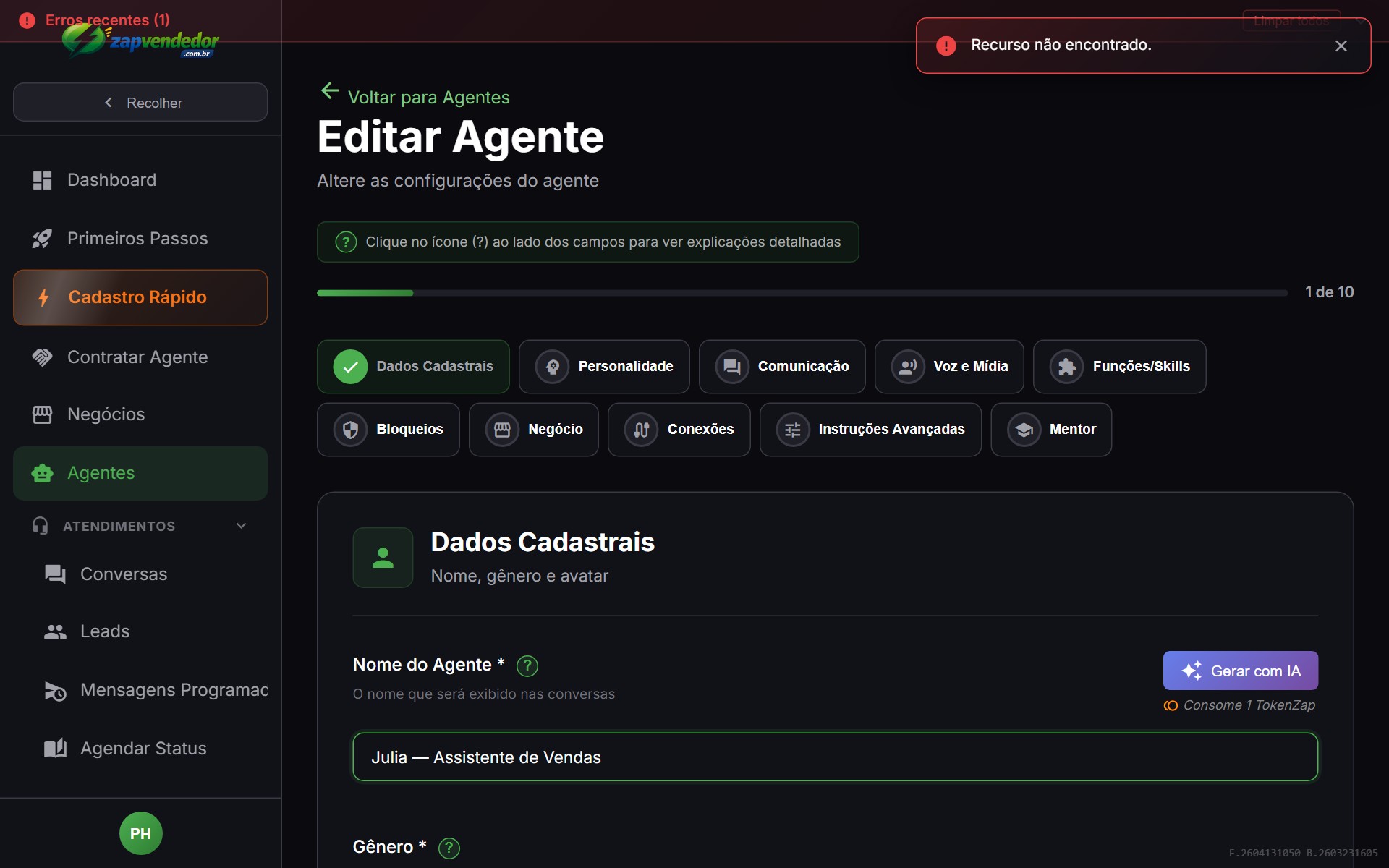 Step Dados Cadastrais — nome do agente de IA