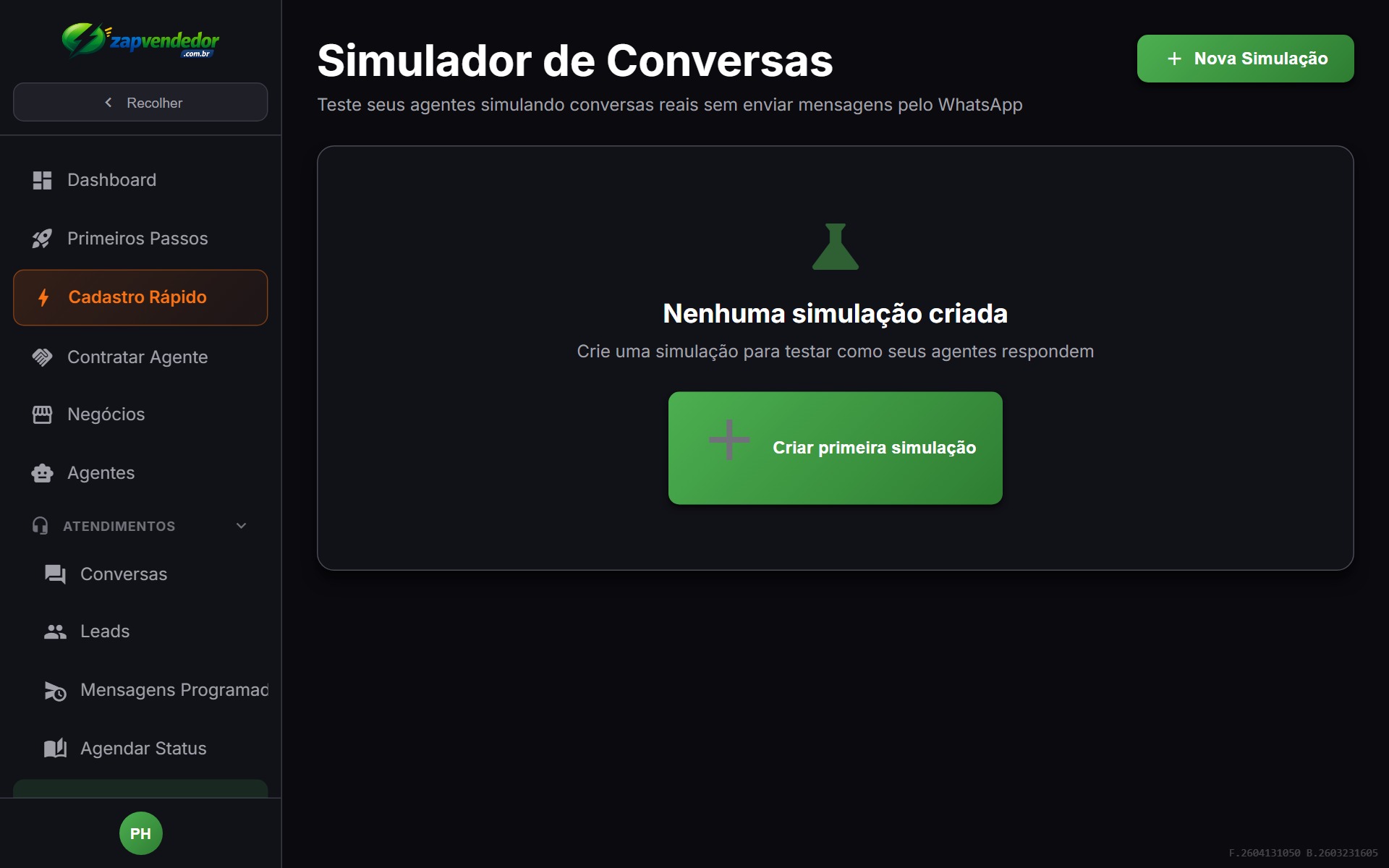 Simulador — testando o agente de IA antes de ativar