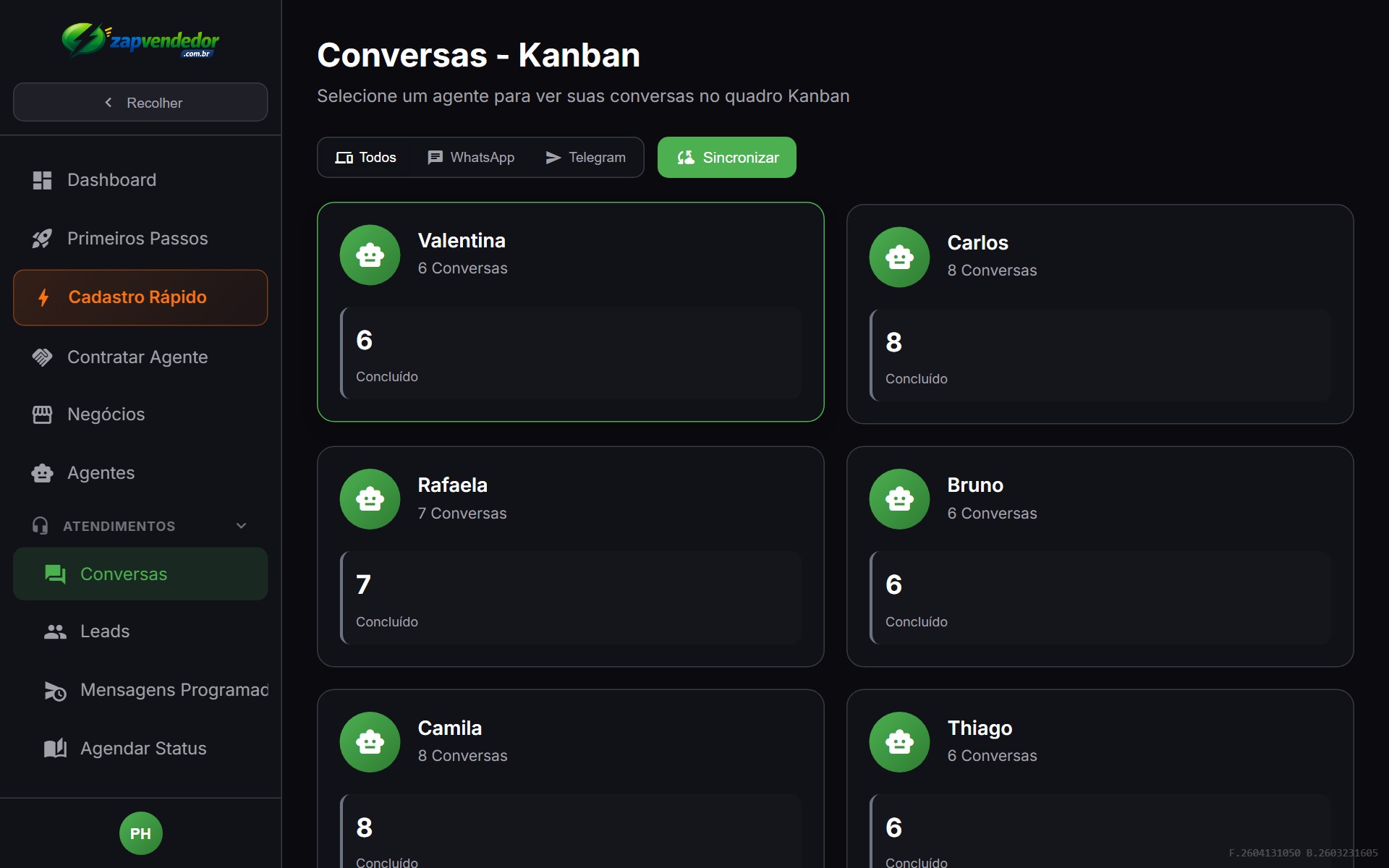Painel Kanban de conversas — funil visual de vendas