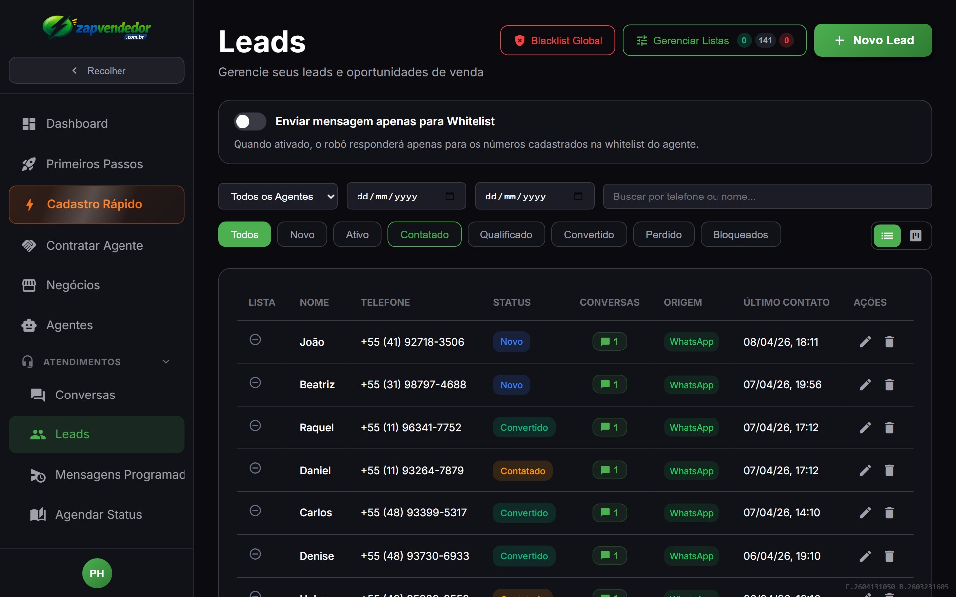 Lista de leads qualificados pelo agente